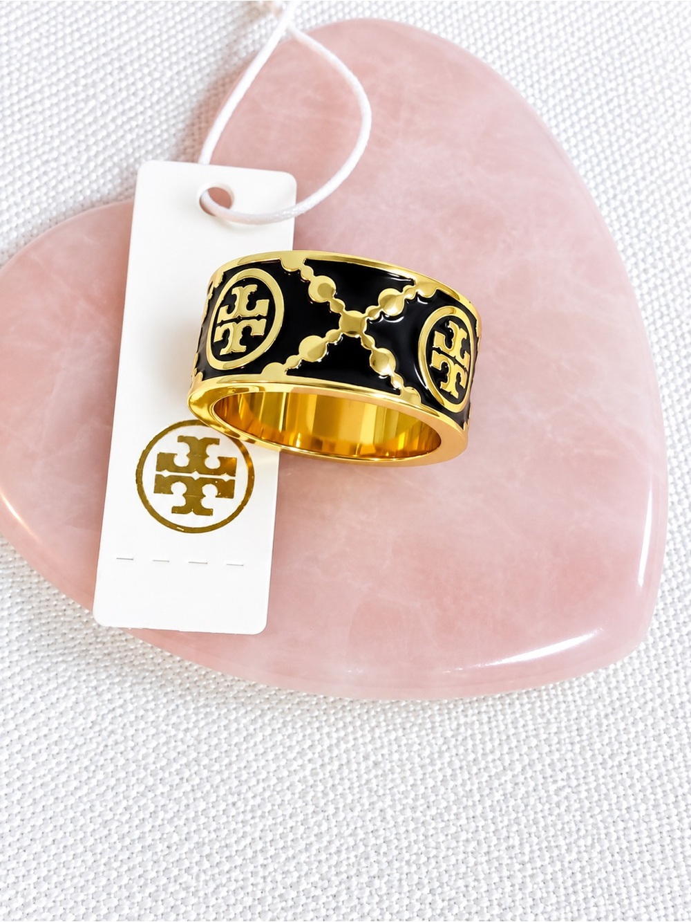 Tory Burch Gold and Black Enamel Logo Wide Band Ring Size #8
